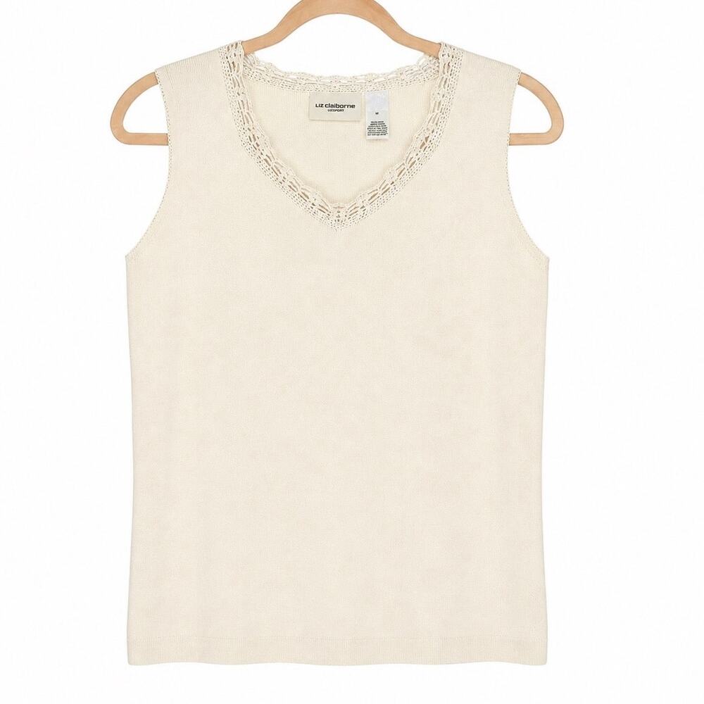 Liz Claiborne LizSport Ivory Sweater Tank‎ Top Medium Crochet Trim Sleeveless